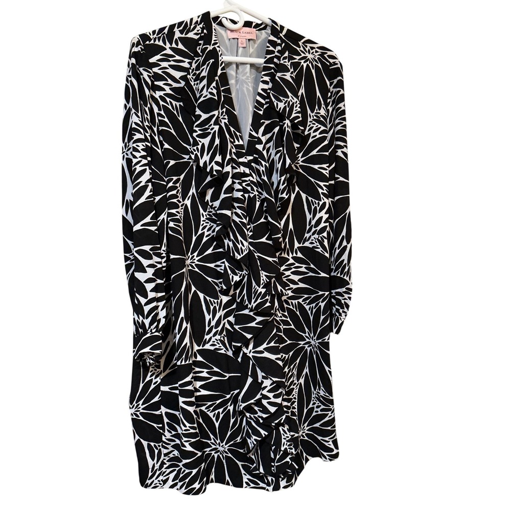 Black Label by Chicos Womens L Black White Abstract Floral V-Neck Shift Dress